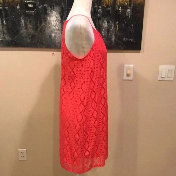 As U Wish Dress Womens Coral Mini Halter Neck Shift Stretch Sheer Lace-Size L - Picture 3 of 11